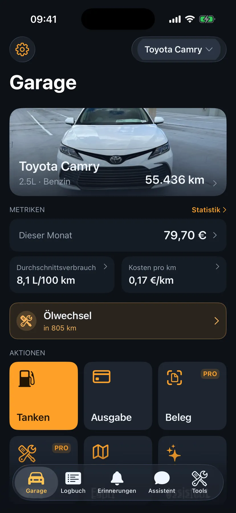 Garage — dein Auto auf einen Blick