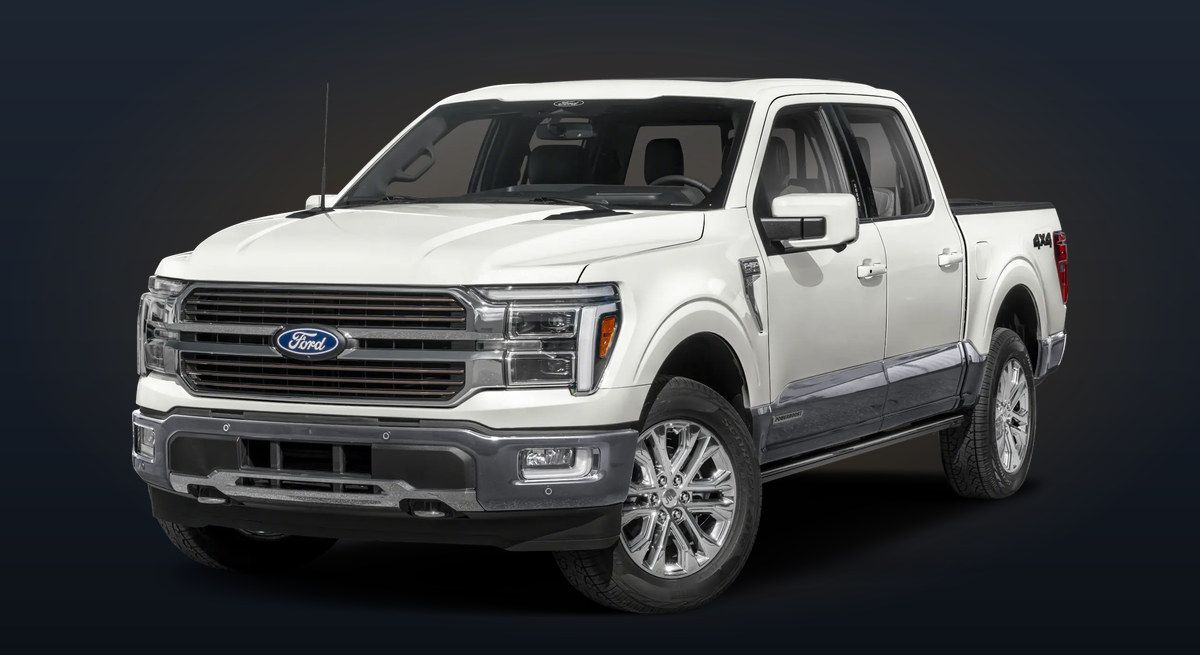 White Ford F-150 crew cab pickup with the 5.0 V8, front three-quarter view
