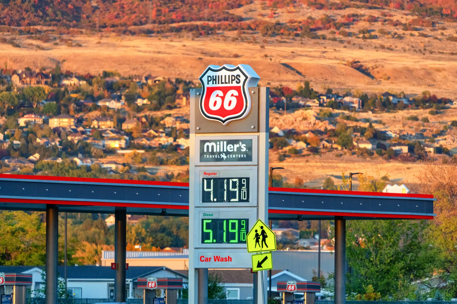 A gas-station price sign showing regular at $4.19 and diesel at $5.19 per gallon